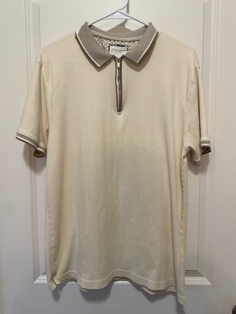 Denim & Flower Men's Cream Polo with Gray Trim and Zip